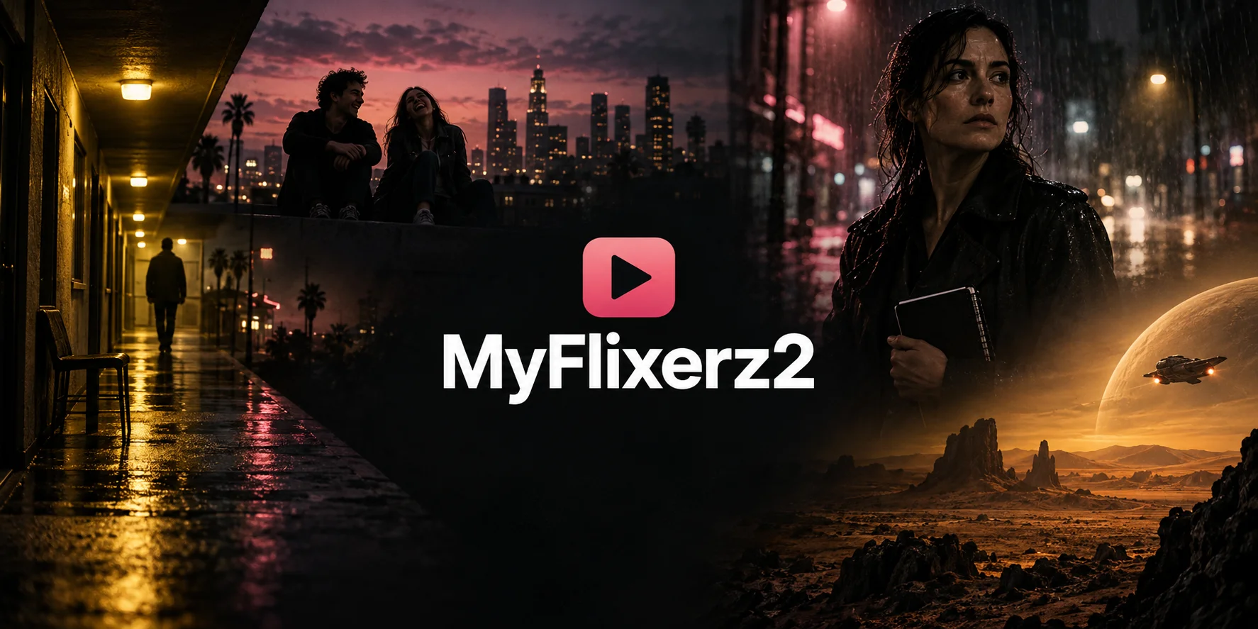 MyFlixerz2 pink play logo and white wordmark surrounded by original cinematic scenes